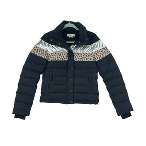 Boden Down Puffer Jacket Womans Size 2 Black Silver Animal Print